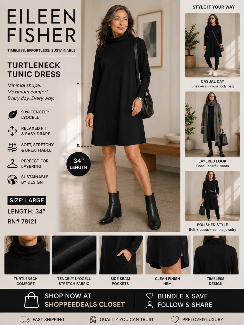EILEEN FISHER Black Tencel Lyocell Stretch Turtleneck Tunic Dress L/G